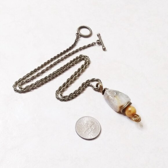 One-of-a-kind! Raw Agate Nugget & Yellow Aventurine Stacked Stone Pendant +Chain - Picture 1 of 8